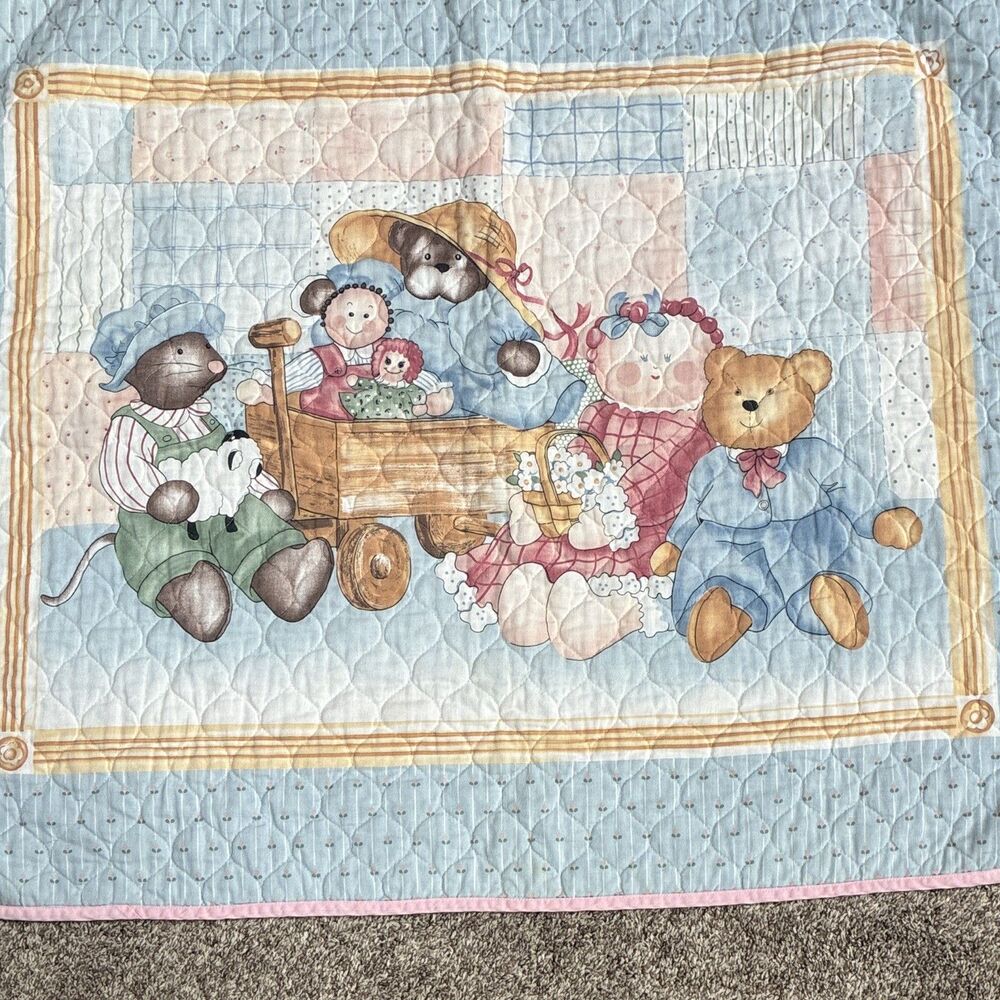 Quilted Crib Quilt Blanket Blue Pink Patchwork Teddy Bears Rag Doll Theme